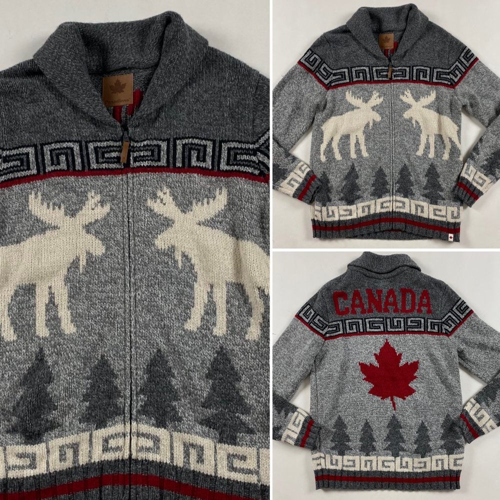 Canadiana Moose Canada Shawl Collar Cowichan Cardigan Sweater Adult Medium